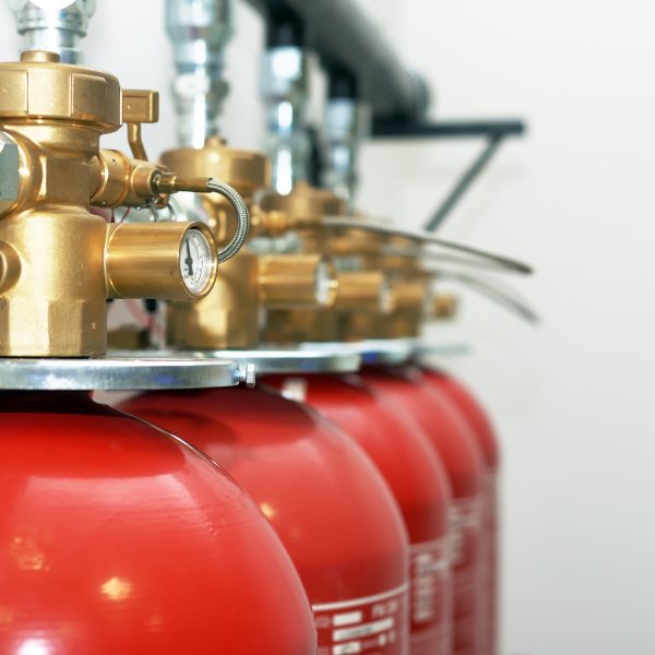 Large CO2 fire extinguishers in a room